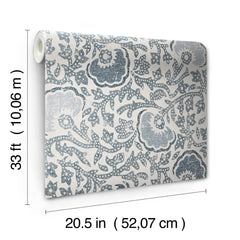 A roll of Fontaine Wallpaper featuring a blue and white floral damask pattern, with labels indicating dimensions of 33 feet in length and 20.5 inches in width.