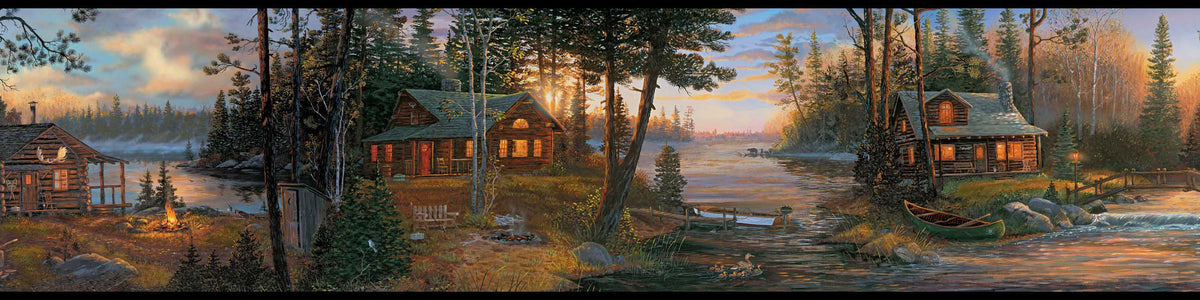 Cabin Fever Wallpaper Border featuring a scenic forest landscape with two log cabins, a campfire, a wooden dock, and a canoe by a lake at sunset.