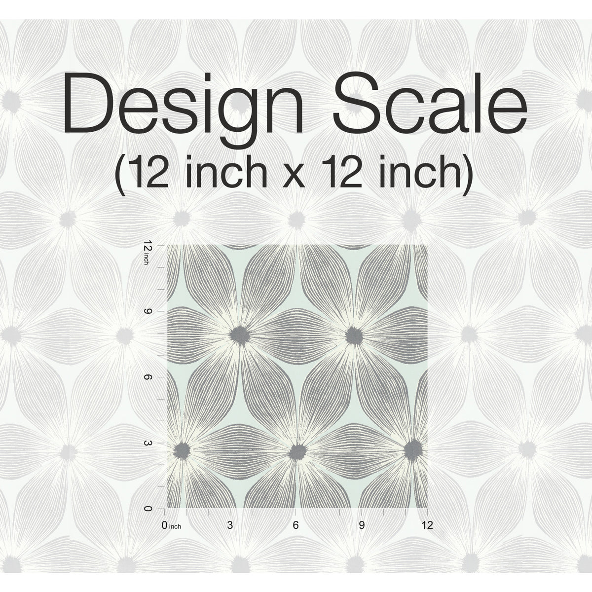 A 12-inch by 12-inch sample of Candice Olson Everlasting Wallpaper by York Wallcoverings, featuring a repeating pattern of stylized gray flowers on a pale background with a measurement scale overlaid.