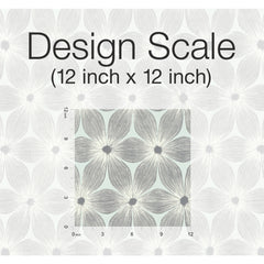 A 12-inch by 12-inch sample of Candice Olson Everlasting Wallpaper by York Wallcoverings, featuring a repeating pattern of stylized gray flowers on a pale background with a measurement scale overlaid.