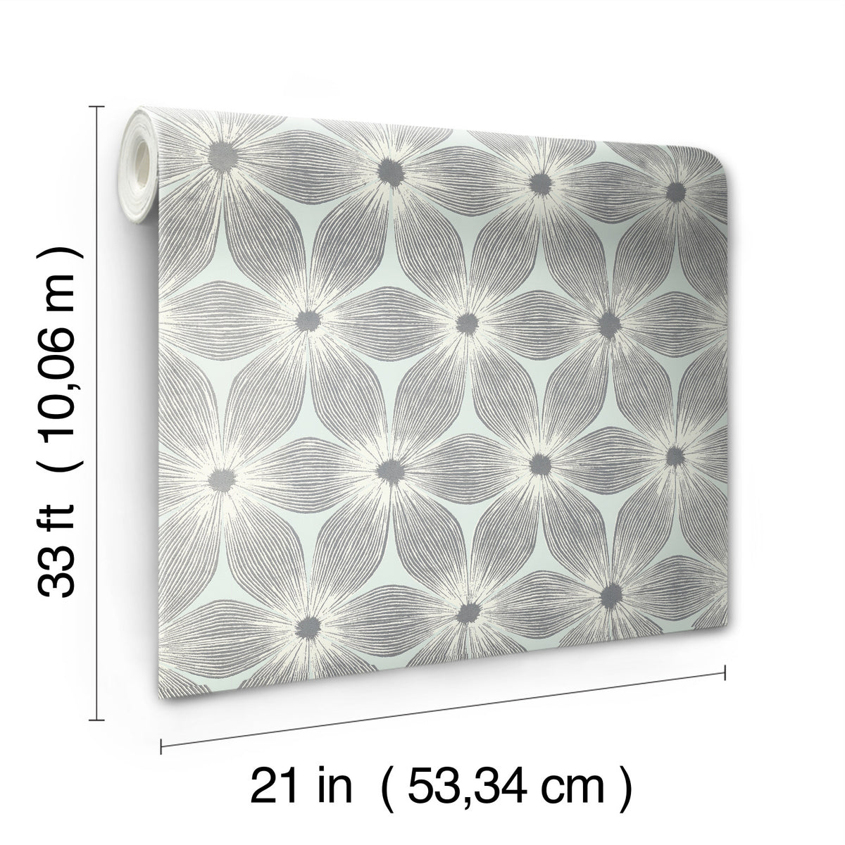 A roll of Candice Olson Everlasting Wallpaper featuring a repeating pattern of grey-lined flowers on a light blue background, measuring 33 feet long and 21 inches wide.