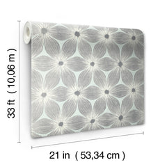 A roll of Candice Olson Everlasting Wallpaper featuring a repeating pattern of grey-lined flowers on a light blue background, measuring 33 feet long and 21 inches wide.
