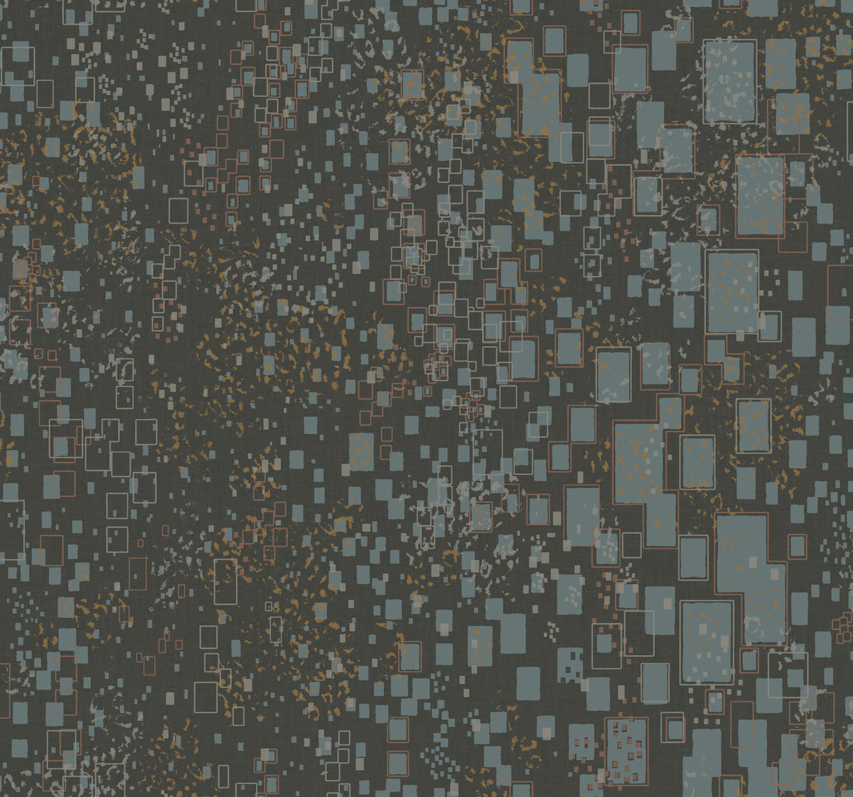 Candice Olson Gilded Confetti Wallpaper features a dark gray background with a scattered pattern of blue and gold-outlined rectangles and textured metallic flecks.