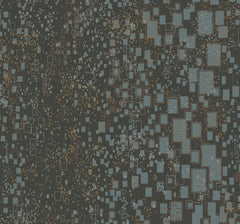 Candice Olson Gilded Confetti Wallpaper features a dark gray background with a scattered pattern of blue and gold-outlined rectangles and textured metallic flecks.