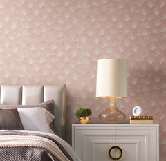 Candice Olson Luminous Gingko Wallpaper featuring a repeating fan-shaped ginkgo leaf pattern in pale pink and metallic gold.