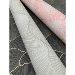 Two rolls of Candice Olson Luminous Gingko Wallpaper featuring a gingko leaf pattern in light gray and light pink, displayed against a dark gray background with gold outlines.