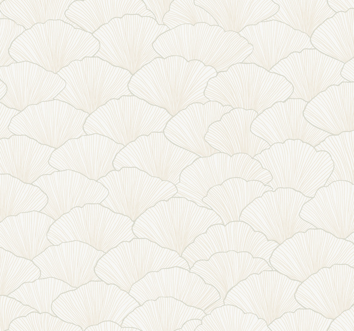 Candice Olson Luminous Ginkgo Wallpaper features an overlapping, fan-shaped ginkgo leaf pattern in light gray lines on an off-white background.
