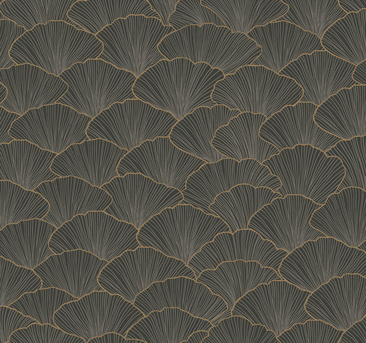 Candice Olson Luminous Gingko Wallpaper featuring overlapping dark gray ginkgo leaves outlined in thin gold lines.