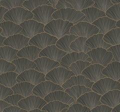 Candice Olson Luminous Gingko Wallpaper featuring overlapping dark gray ginkgo leaves outlined in thin gold lines.