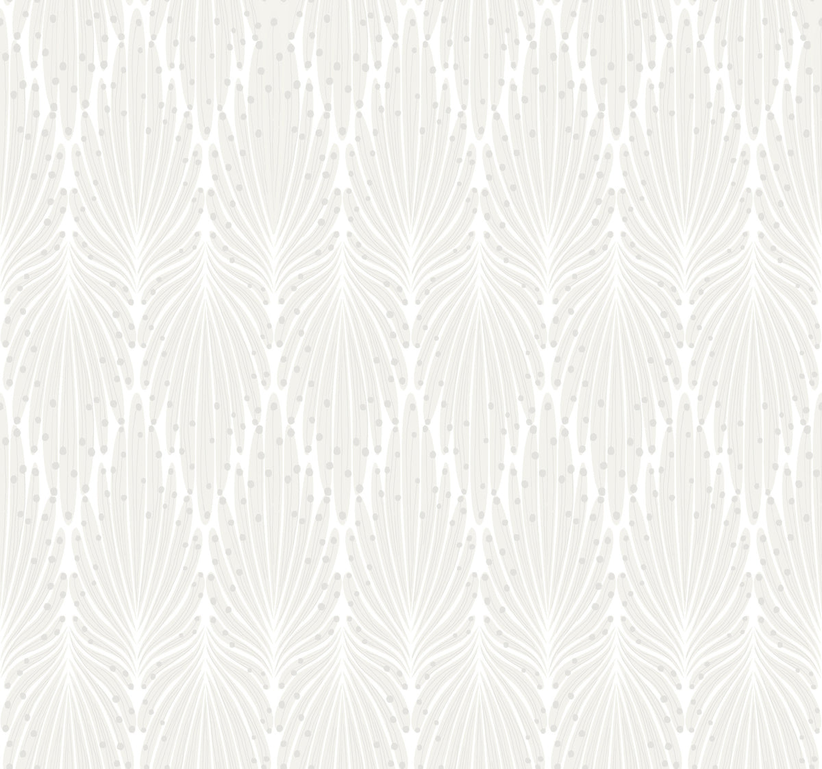 Candice Olson Café Society Wallpaper featuring a repeating fan-like leaf pattern in soft gray on a white background.