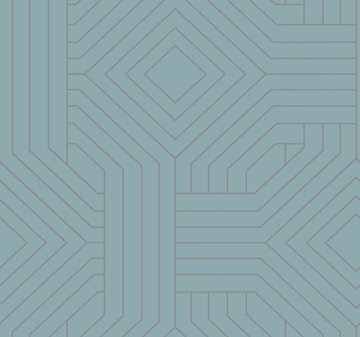 Candice Olson Diverging Diamonds Wallpaper by York Wallcoverings featuring a repeating geometric pattern of dark gray lines forming interlocking diamonds and stripes on a dusty blue background.