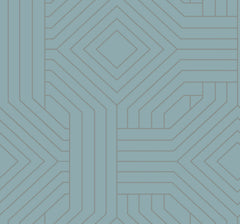 Candice Olson Diverging Diamonds Wallpaper by York Wallcoverings featuring a repeating geometric pattern of dark gray lines forming interlocking diamonds and stripes on a dusty blue background.