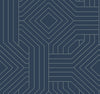 Candice Olson Diverging Diamonds Wallpaper featuring a geometric pattern of gray intersecting lines forming concentric diamonds and rectangular shapes against a dark blue background.