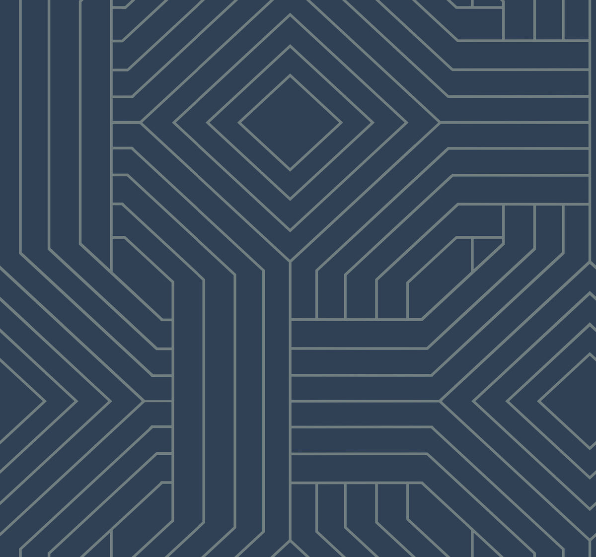 Candice Olson Diverging Diamonds Wallpaper featuring a geometric pattern of gray intersecting lines forming concentric diamonds and rectangular shapes against a dark blue background.