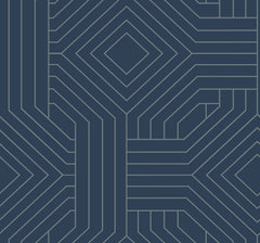 Candice Olson Diverging Diamonds Wallpaper featuring a geometric pattern of gray intersecting lines forming concentric diamonds and rectangular shapes against a dark blue background.