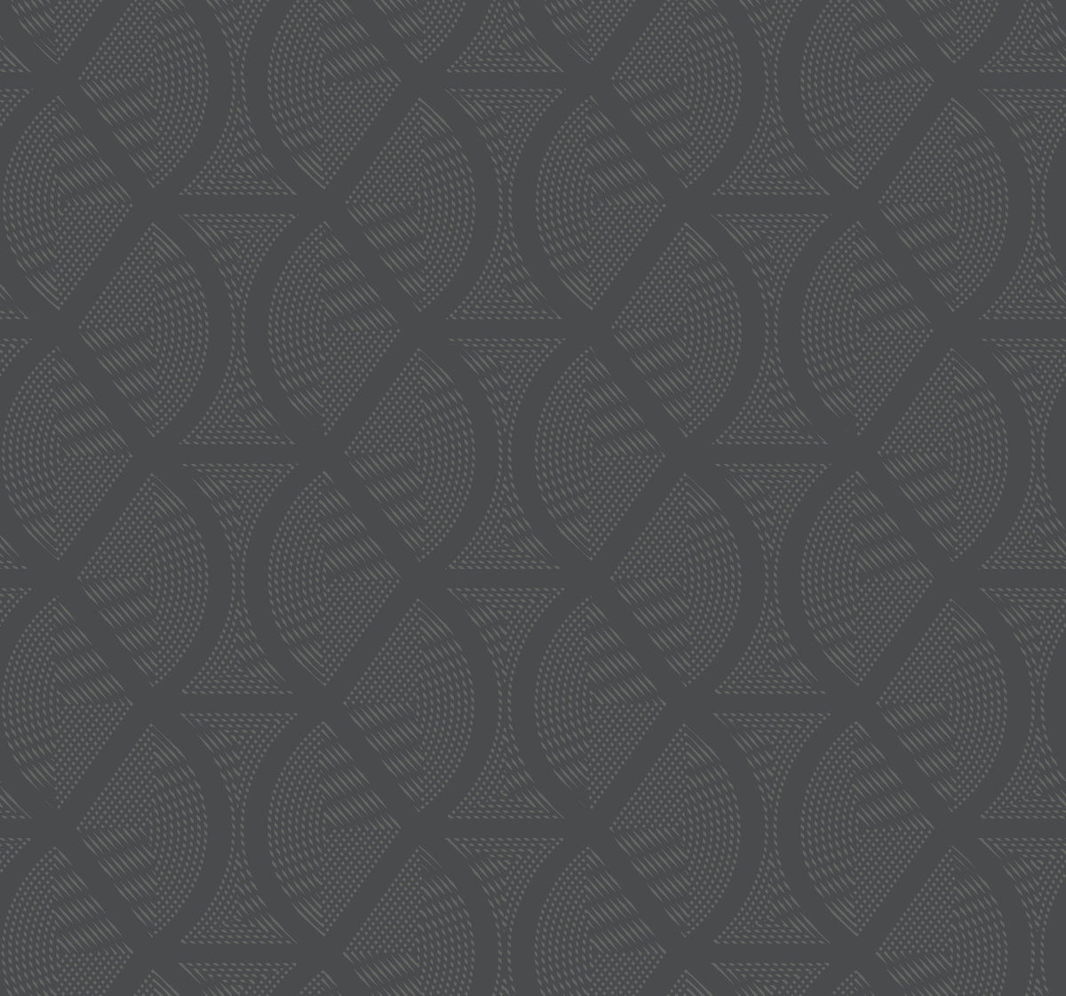 Candice Olson Opposites Attract Wallpaper features a dark gray repeating geometric pattern of interlocking semicircles filled with fine, textured lines.