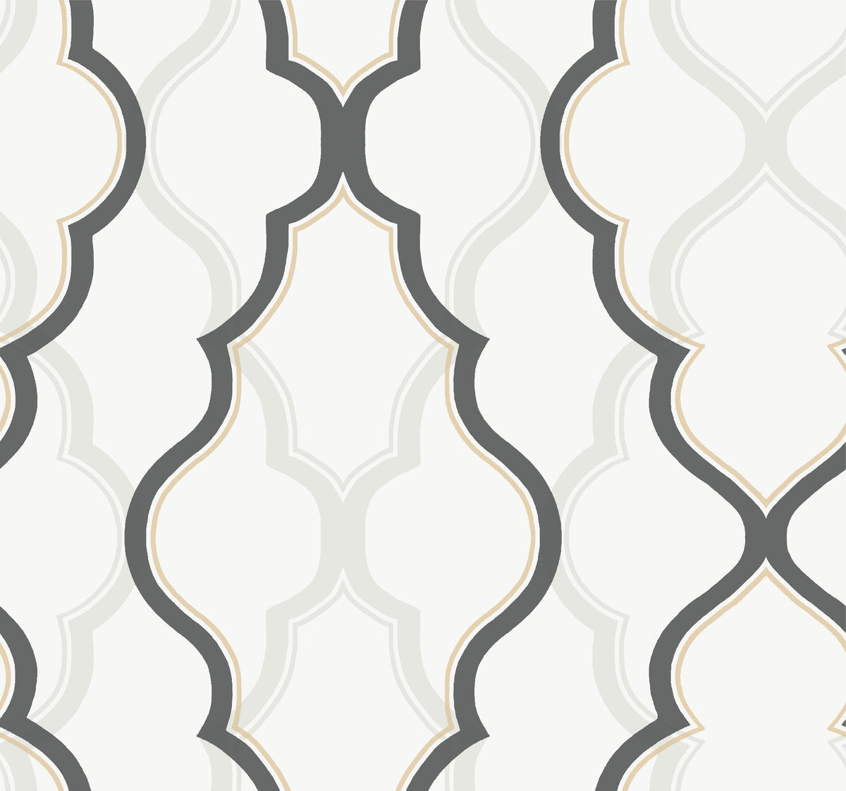 Candice Olson Double Damask Wallpaper by York Wallcoverings featuring an interlocking geometric pattern of curved, scalloped lines in shades of gray, cream, and beige.