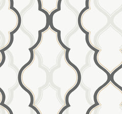 Candice Olson Double Damask Wallpaper by York Wallcoverings featuring an interlocking geometric pattern of curved, scalloped lines in shades of gray, cream, and beige.