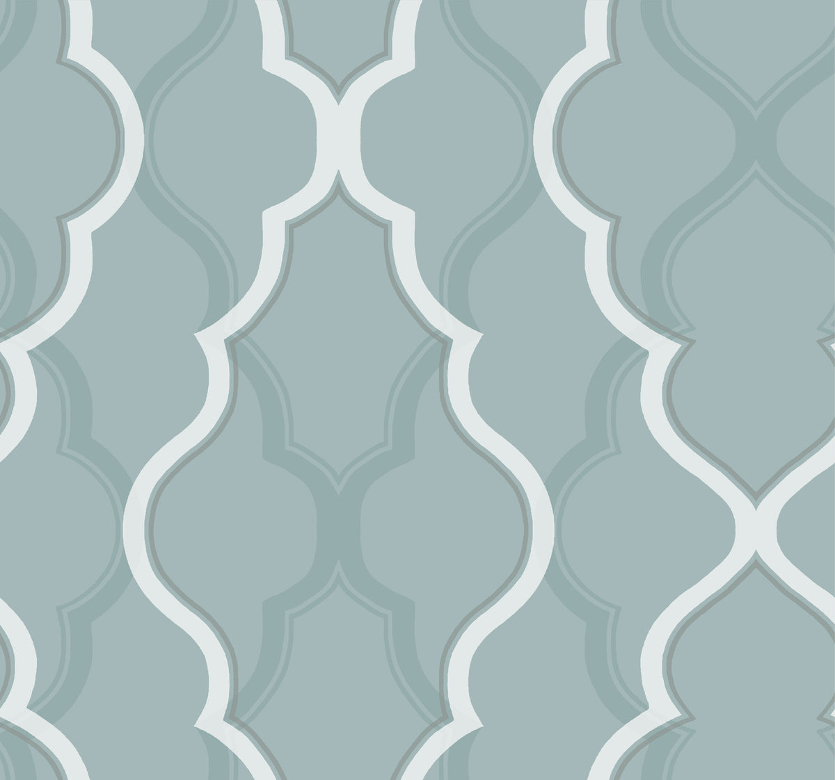 Candice Olson Double Damask Wallpaper in blue-grey featuring an interlocking, white-outlined ogee pattern.