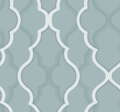 Candice Olson Double Damask Wallpaper in blue-grey featuring an interlocking, white-outlined ogee pattern.