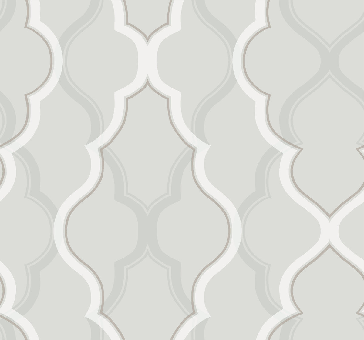 Candice Olson Double Damask Wallpaper featuring a light gray background with a white and tan interlocking quatrefoil damask pattern.