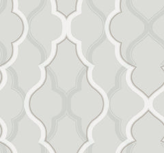 Candice Olson Double Damask Wallpaper featuring a light gray background with a white and tan interlocking quatrefoil damask pattern.