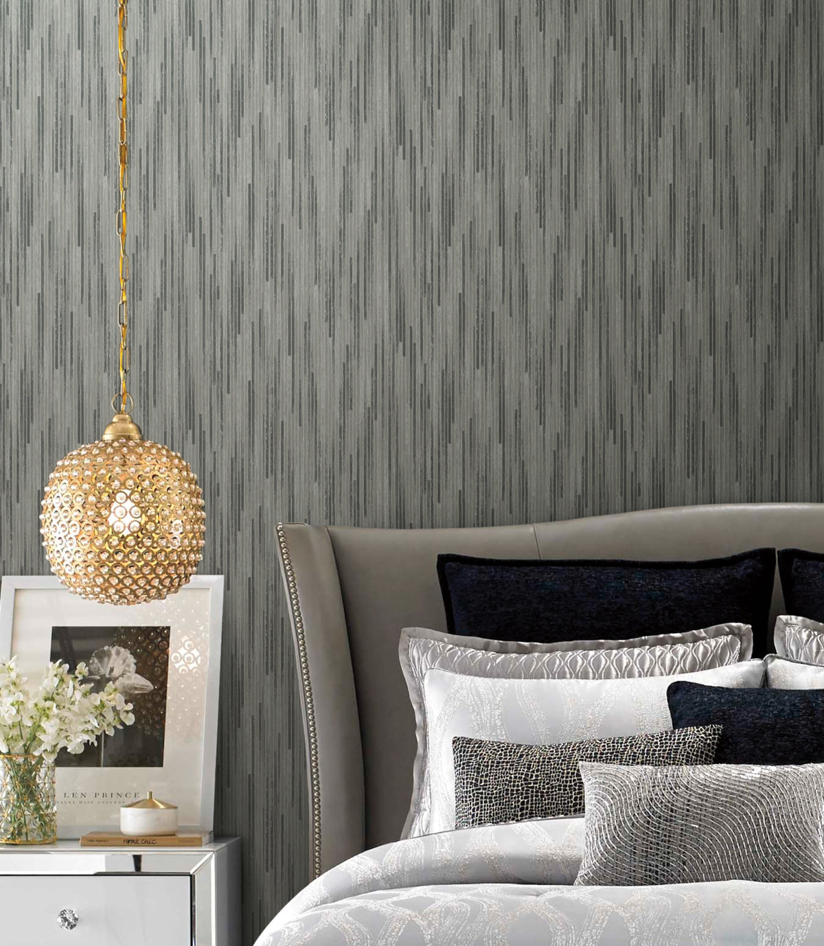 Candice Olson Bargello Wallpaper featuring a vertical, textured gray pattern of thin, uneven lines.