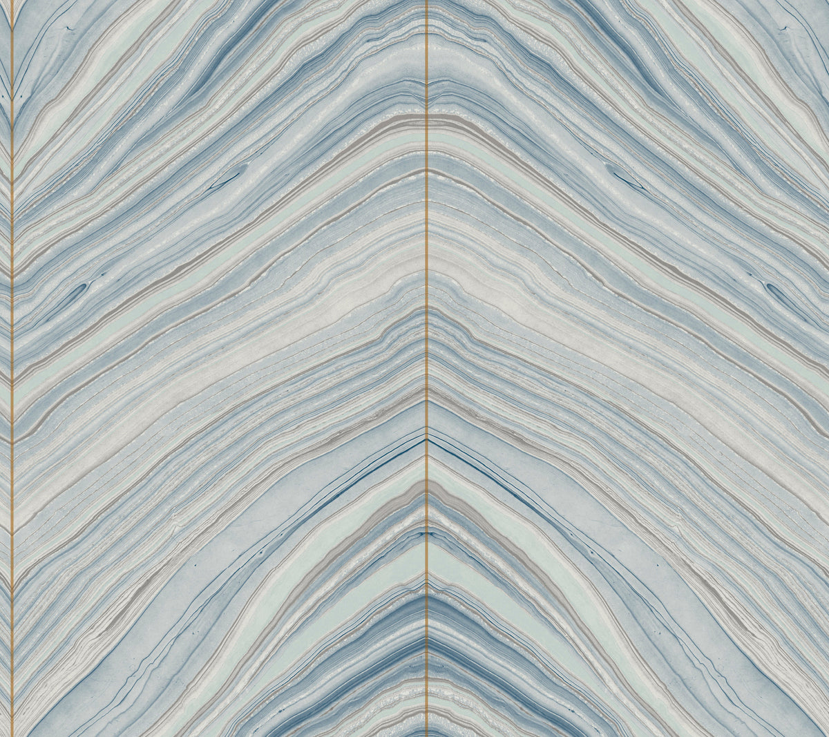 Candice Olson Onyx Strata Wallpaper features a symmetrical, V-shaped marble pattern in blue, grey, and white, divided by a thin vertical gold line.