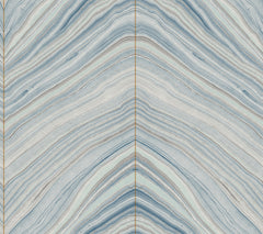 Candice Olson Onyx Strata Wallpaper features a symmetrical, V-shaped marble pattern in blue, grey, and white, divided by a thin vertical gold line.