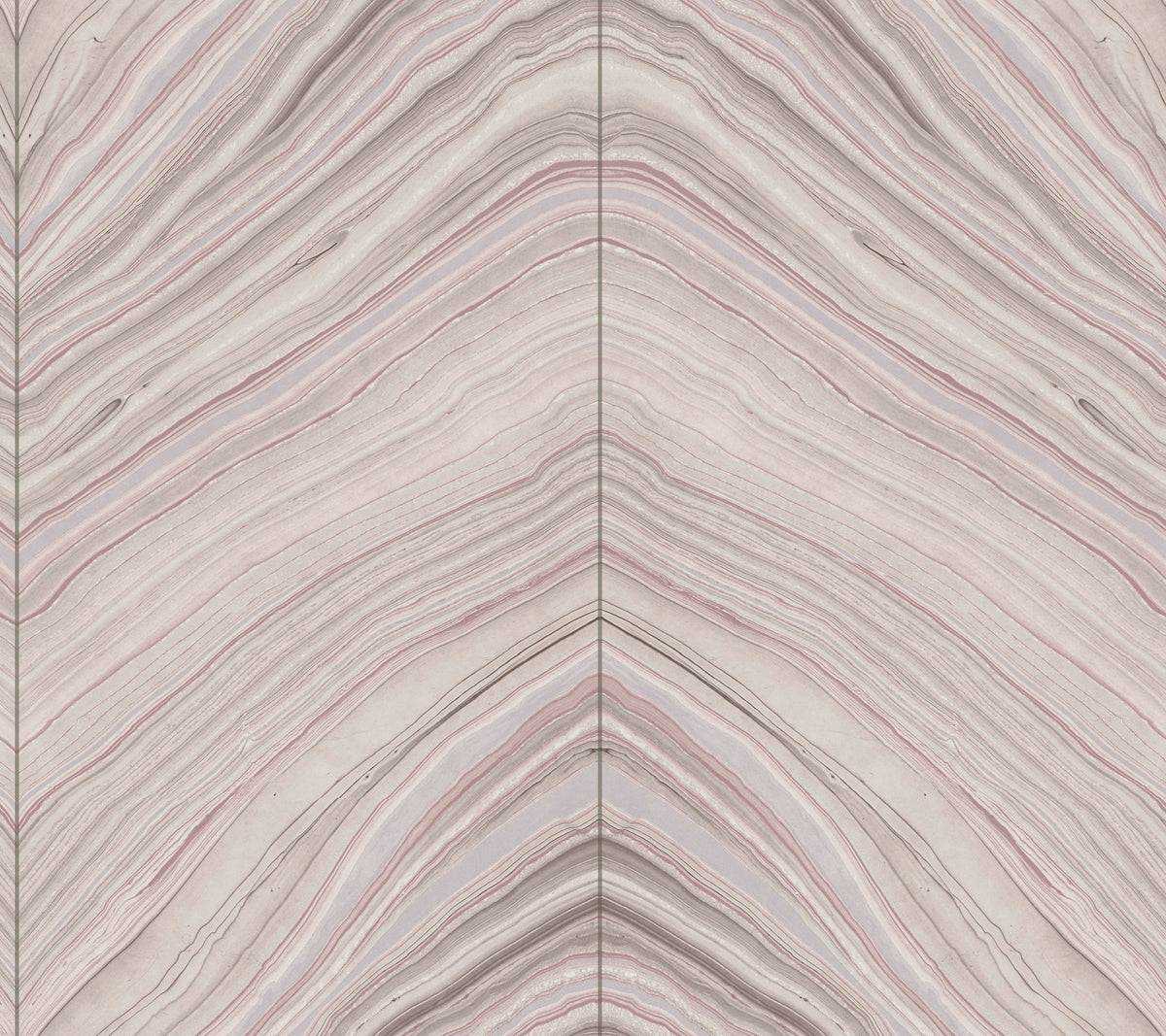Candice Olson Onyx Strata Wallpaper featuring a symmetrical, chevron-style pattern of flowing, stone-like layers in shades of cream, gray, and muted pink.
