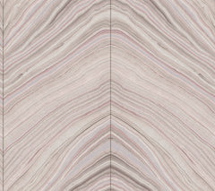 Candice Olson Onyx Strata Wallpaper featuring a symmetrical, chevron-style pattern of flowing, stone-like layers in shades of cream, gray, and muted pink.