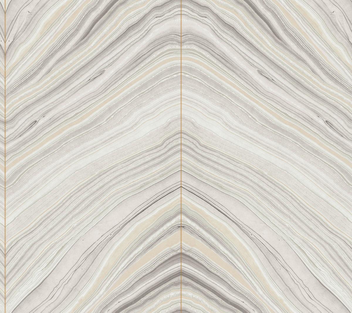 Candice Olson Onyx Strata Wallpaper featuring a symmetrical, chevron-style pattern of flowing, marble-like gray and cream wavy lines.