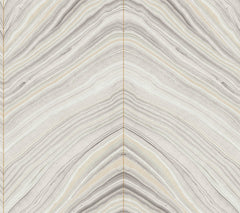 Candice Olson Onyx Strata Wallpaper featuring a symmetrical, chevron-style pattern of flowing, marble-like gray and cream wavy lines.