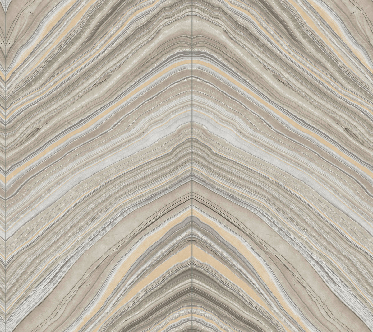 Candice Olson Onyx Strata Wallpaper featuring a repeating, chevron-like pattern of wavy, marbled lines in shades of gray, beige, and cream.