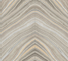 Candice Olson Onyx Strata Wallpaper featuring a repeating, chevron-like pattern of wavy, marbled lines in shades of gray, beige, and cream.