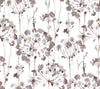 Candice Olson Flourish Wallpaper features a watercolor pattern of purple and grey abstract floral clusters on a white background.
