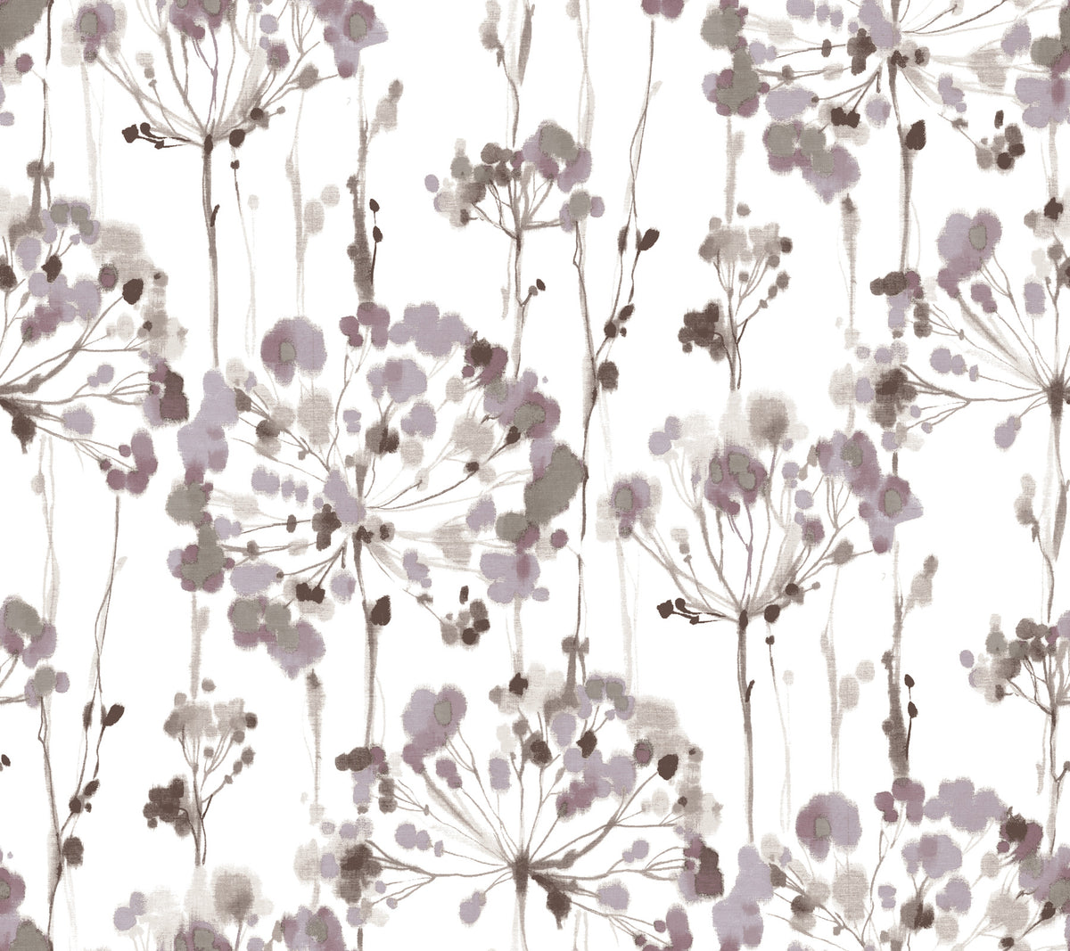 Candice Olson Flourish Wallpaper features a watercolor pattern of purple and grey abstract floral clusters on a white background.