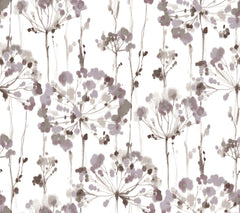Candice Olson Flourish Wallpaper features a watercolor pattern of purple and grey abstract floral clusters on a white background.