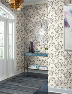 Entryway featuring Candice Olson Flourish Wallpaper by York Wallcoverings, showcasing tall, purple-tinted botanical illustrations on a cream background.