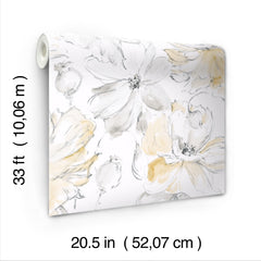A roll of Floral Dreams Wallpaper by York Wallcoverings featuring a watercolor-style pattern of gray and yellow flowers, with dimensions of 33 feet by 20.5 inches labeled on the image.