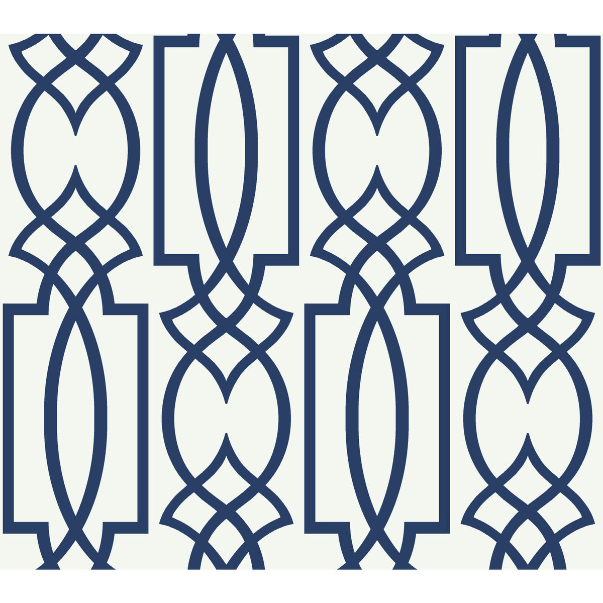 York Wallcoverings Large Lattice Wallpaper features a geometric pattern of repeating blue interlaced lines and elongated shapes on a light background.