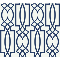 York Wallcoverings Large Lattice Wallpaper features a geometric pattern of repeating blue interlaced lines and elongated shapes on a light background.