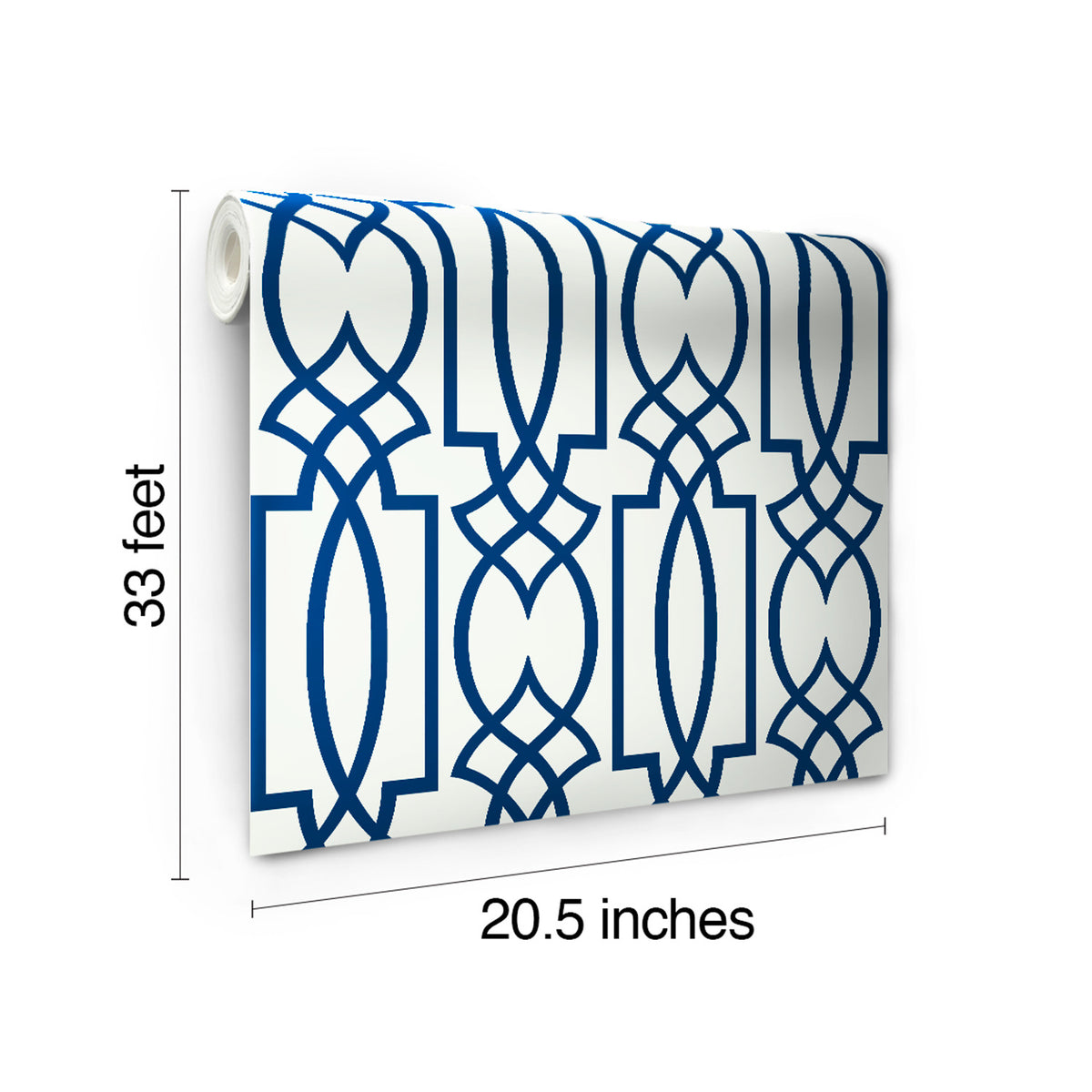 A roll of Large Lattice Wallpaper by York Wallcoverings featuring a blue geometric lattice pattern on a white background, with dimensions of 33 feet by 20.5 inches.