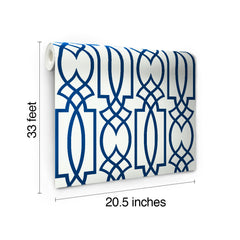 A roll of Large Lattice Wallpaper by York Wallcoverings featuring a blue geometric lattice pattern on a white background, with dimensions of 33 feet by 20.5 inches.