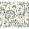 Candice Olson Flourish Wallpaper featuring a watercolor pattern of teal and mustard-yellow dandelion-like flowers on thin, gray stems against a cream background.