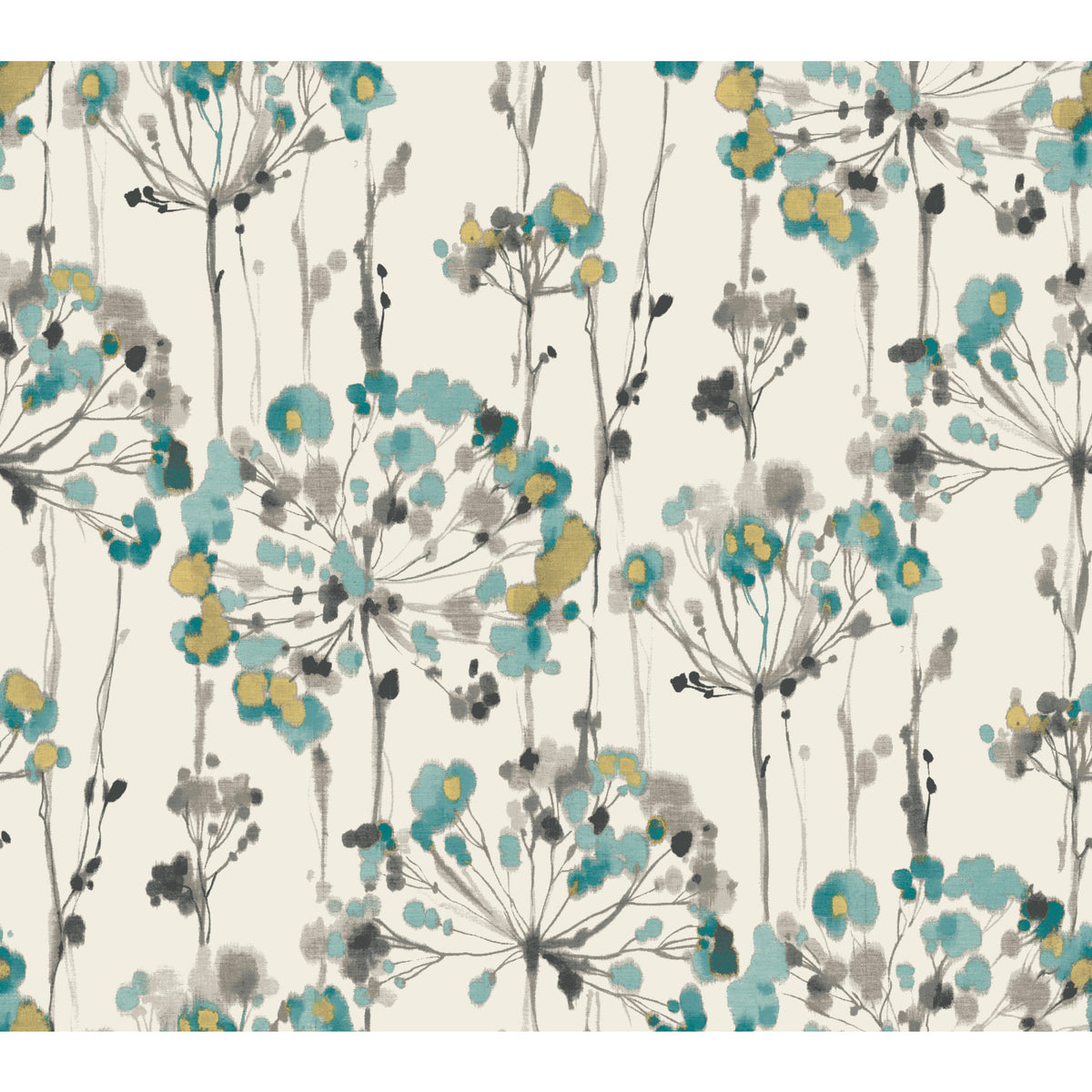 Candice Olson Flourish Wallpaper featuring a watercolor pattern of teal and mustard-yellow dandelion-like flowers on thin, gray stems against a cream background.