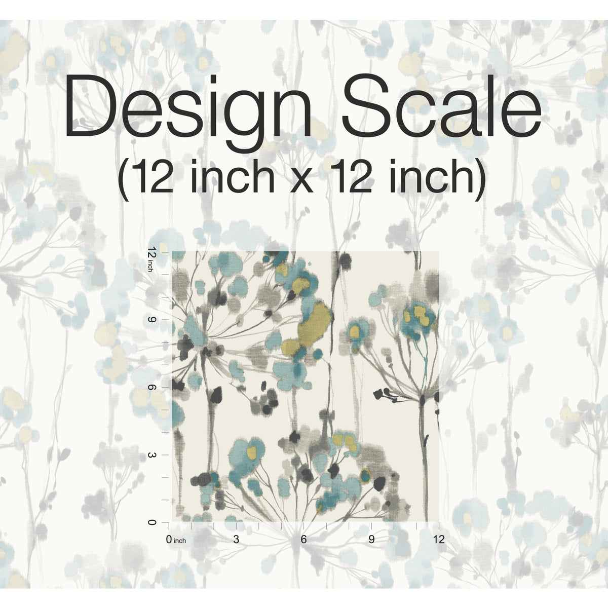 Candice Olson Flourish Wallpaper featuring abstract blue, yellow, and grey floral sprigs on a light background, shown with a 12-inch square scale overlay.