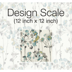 Candice Olson Flourish Wallpaper featuring abstract blue, yellow, and grey floral sprigs on a light background, shown with a 12-inch square scale overlay.