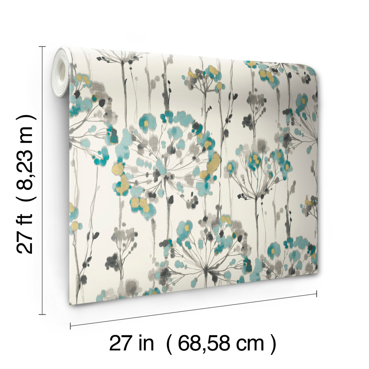 A roll of Candice Olson Flourish Wallpaper by York Wallcoverings featuring an abstract floral pattern in teal, gold, and gray on an off-white background, with dimensions labeled on the side and bottom.
