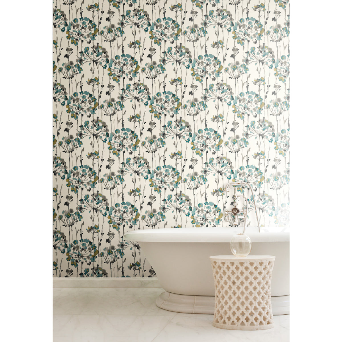 Candice Olson Flourish Wallpaper featuring a pattern of blue, teal, and gray dandelion-like flower heads on long, dark stems above a freestanding white bathtub.